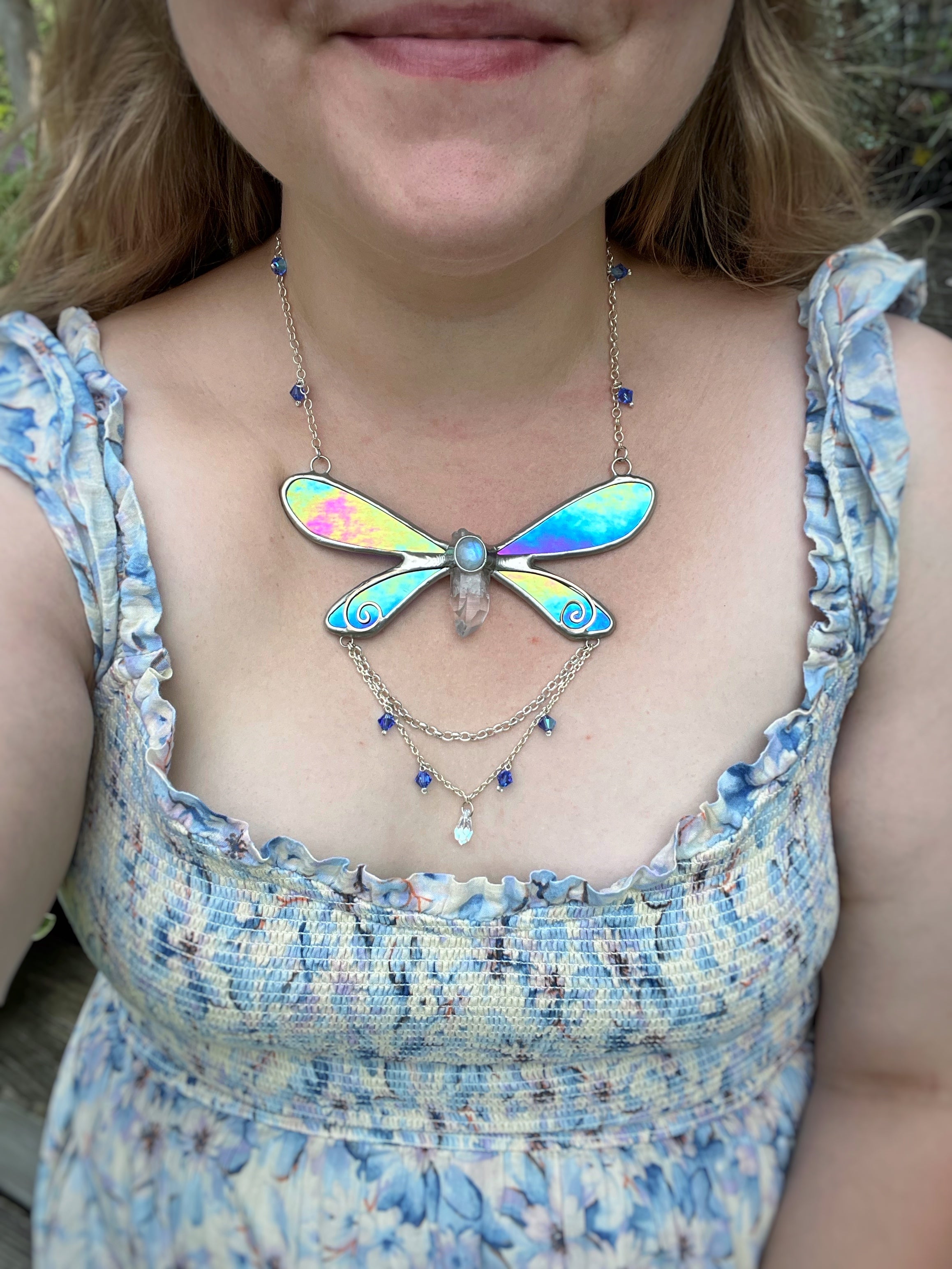 Iridescent blue fairy necklace