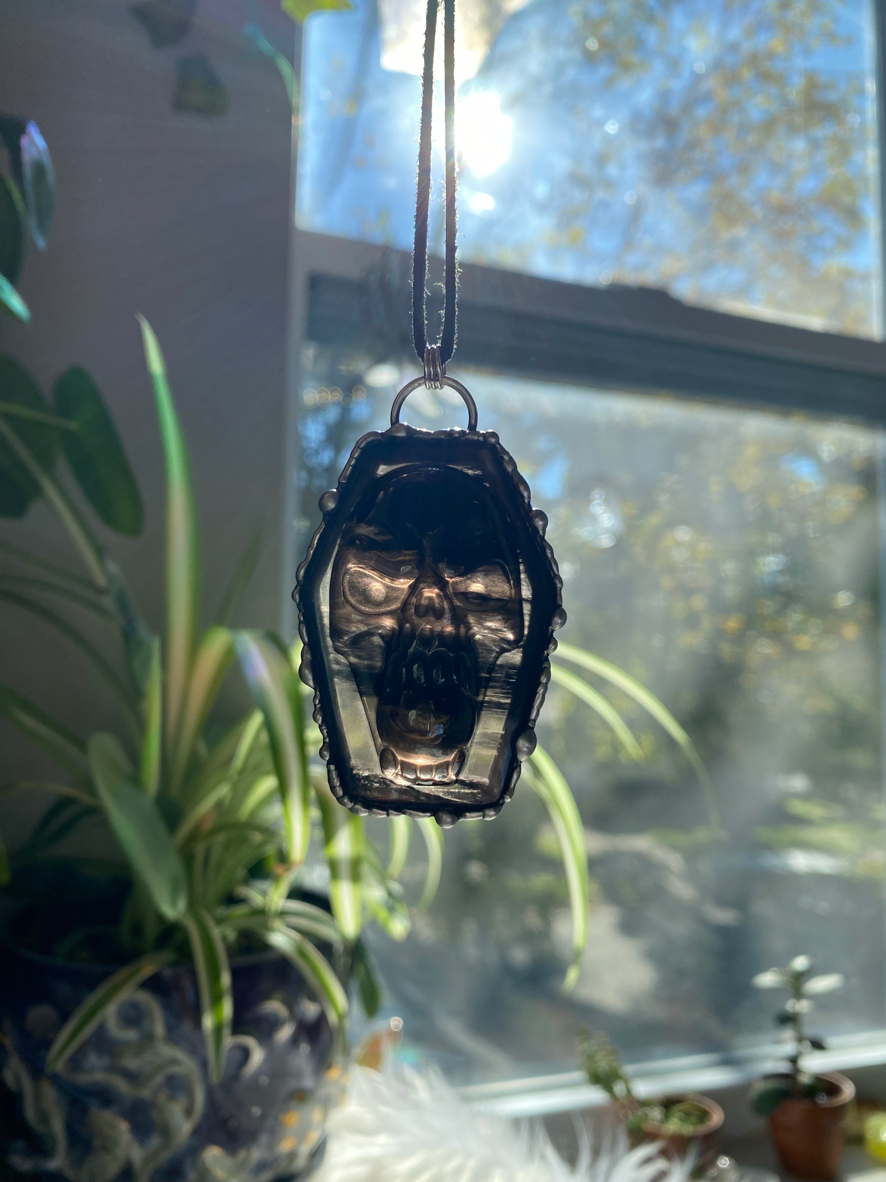 Black obsidian coffin necklace