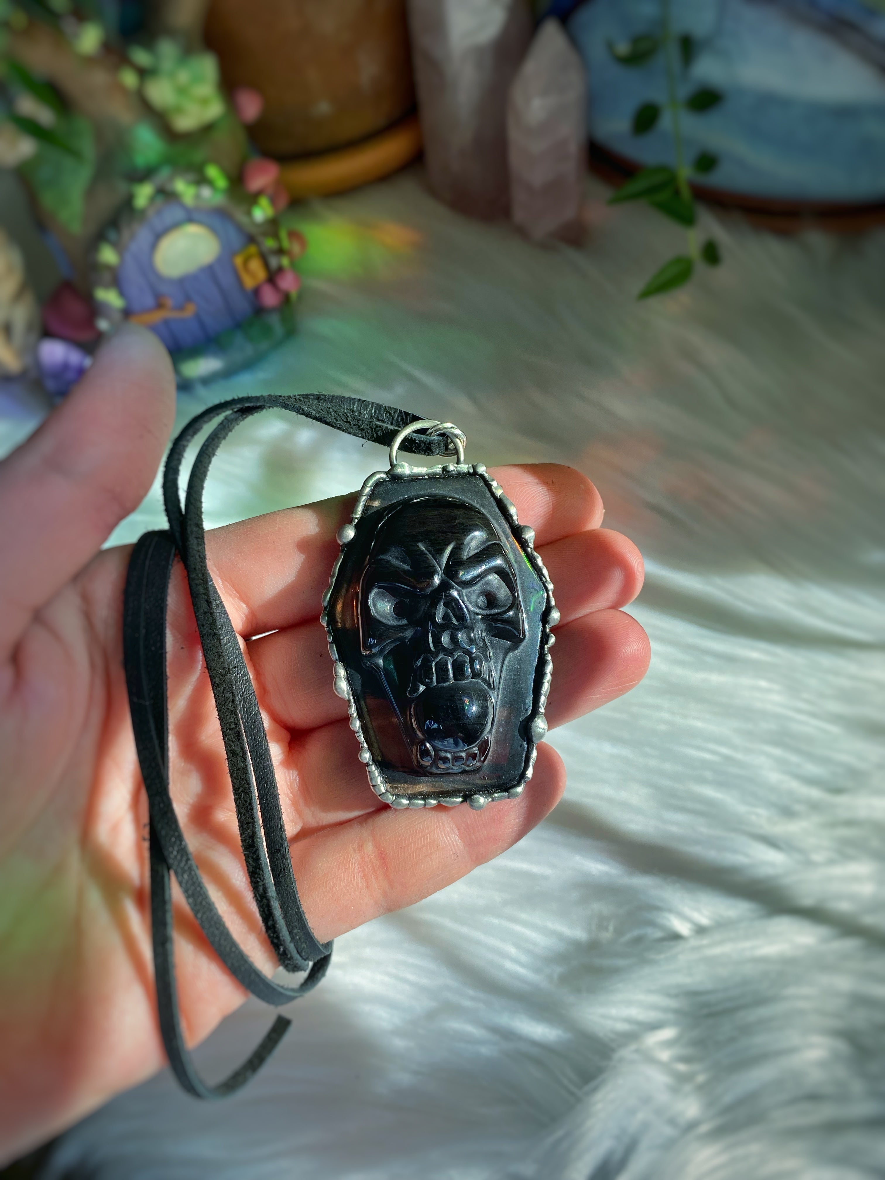 Black obsidian coffin necklace
