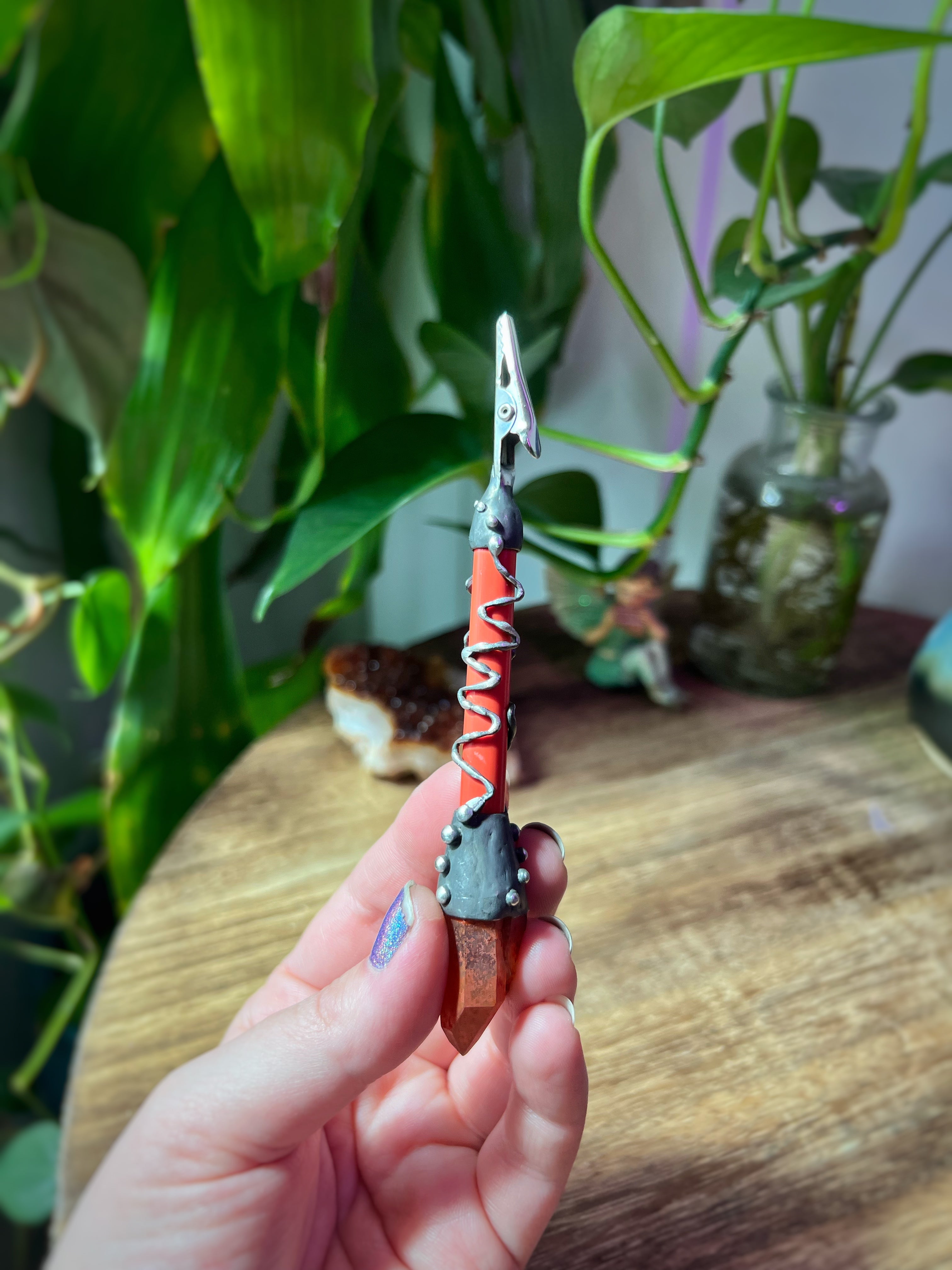 Red hematite quartz clip wand