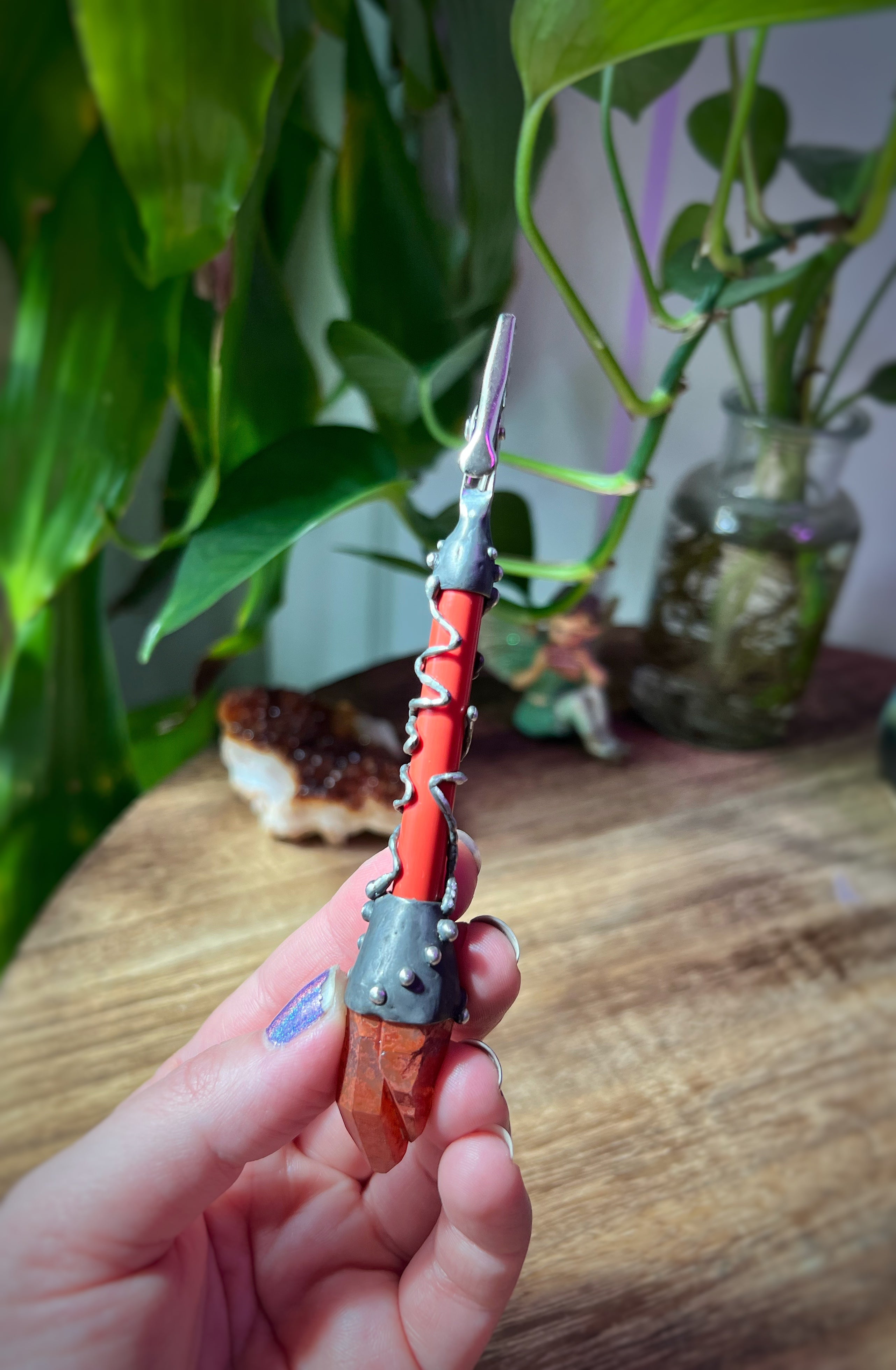 Red hematite quartz clip wand