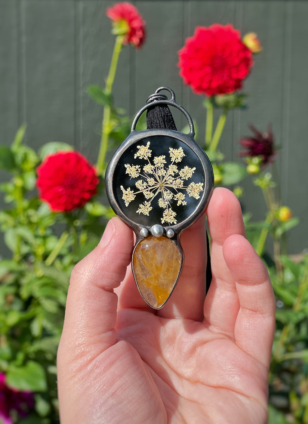 Queen anns lace and golden healer quartz necklace