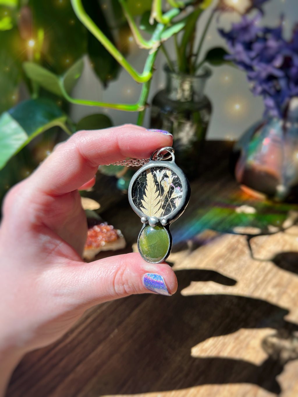Fairy garden fern and jade necklace