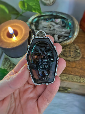 Black obsidian coffin necklace